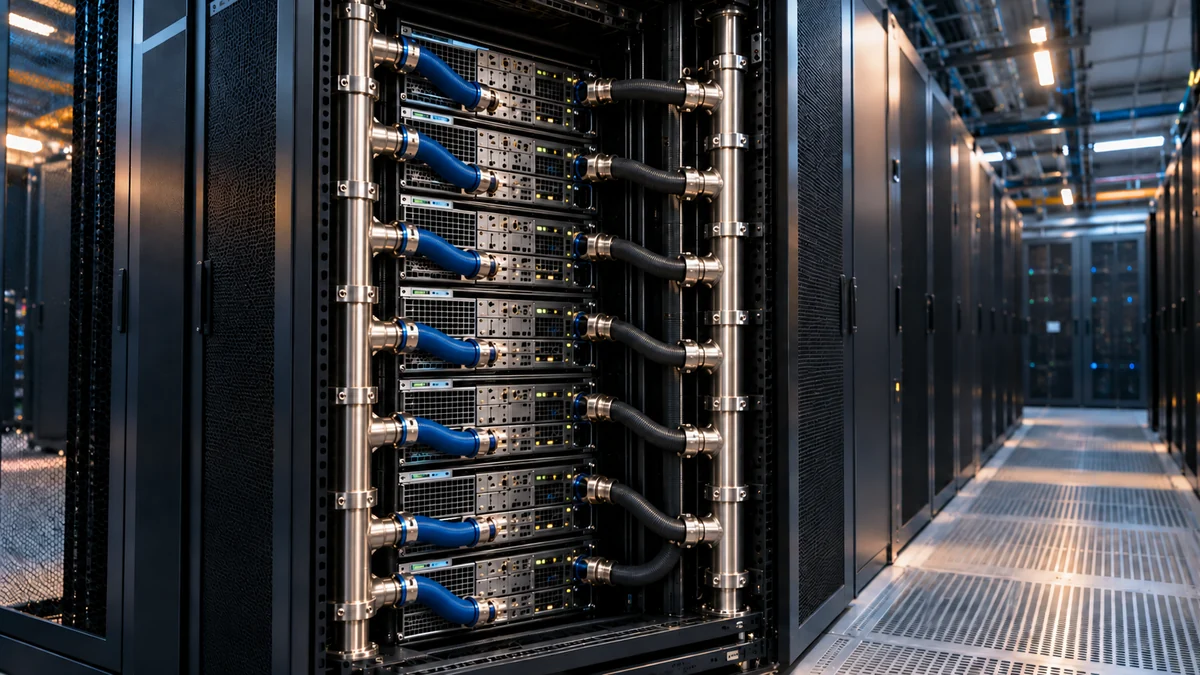 Coolant headers and hoses serving a row of liquid-cooled computing units.