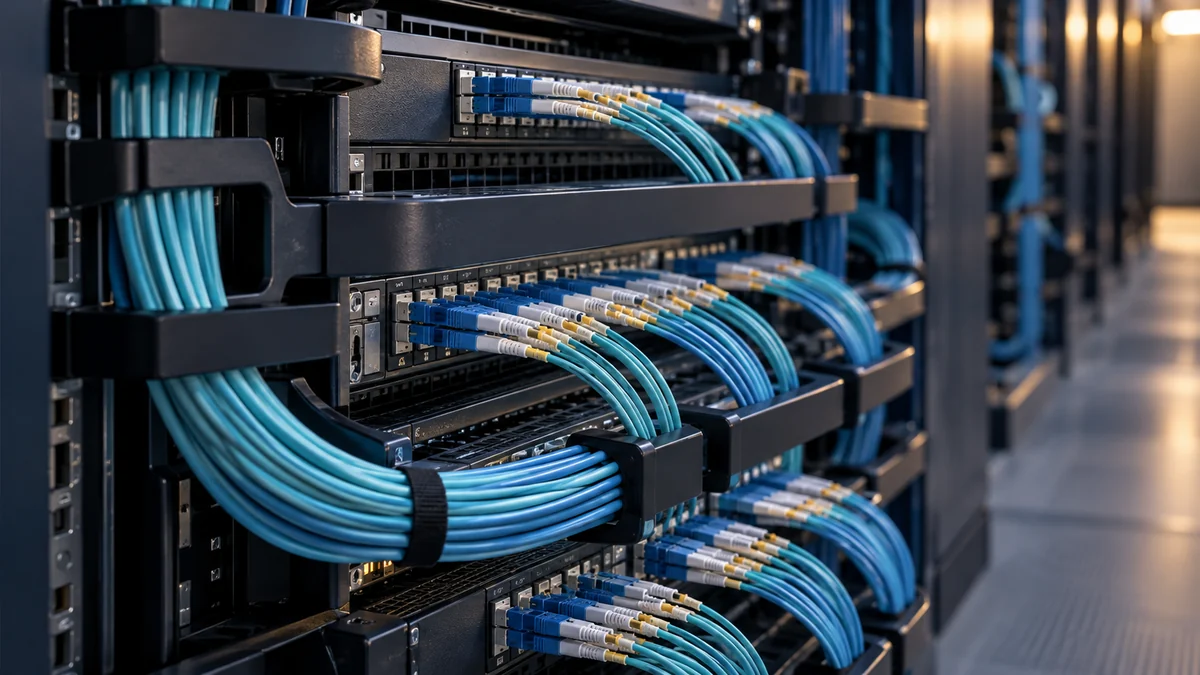 Fibre patch cords arranged in a network cabinet.