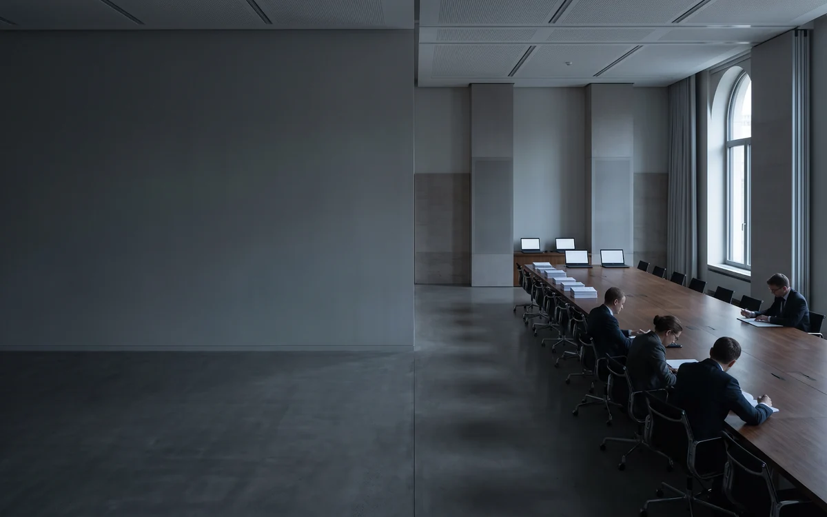 A long meeting table in daylight, papers set out for review