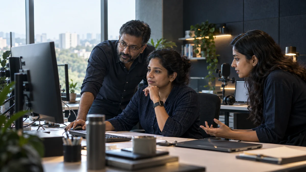 AI researchers working together at a computing workstation.