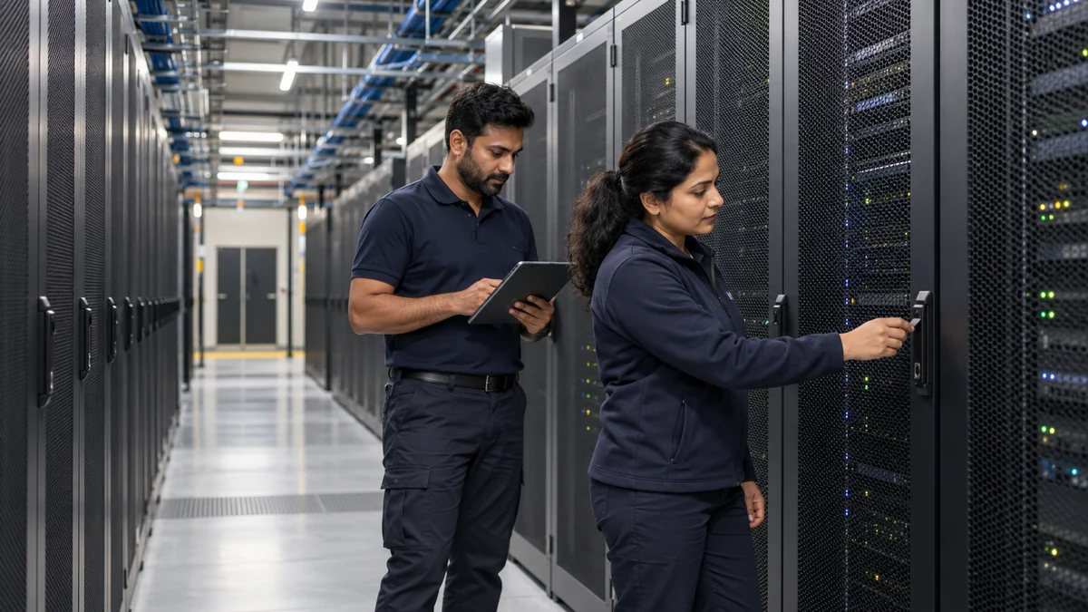 Operations specialists inspecting closed data-centre racks.