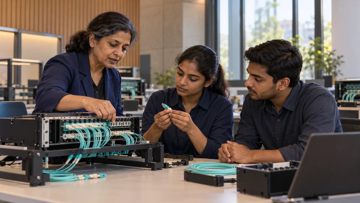 An instructor demonstrating fibre connections to engineering trainees.