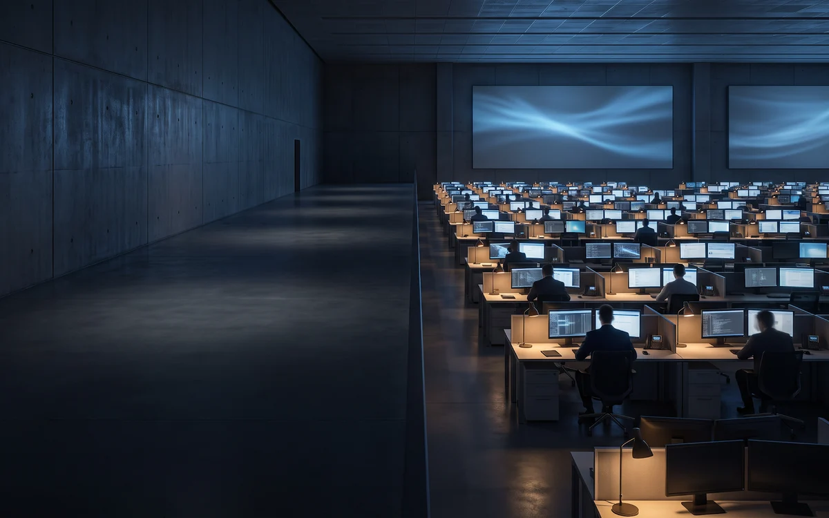 A large engineering project office at dusk