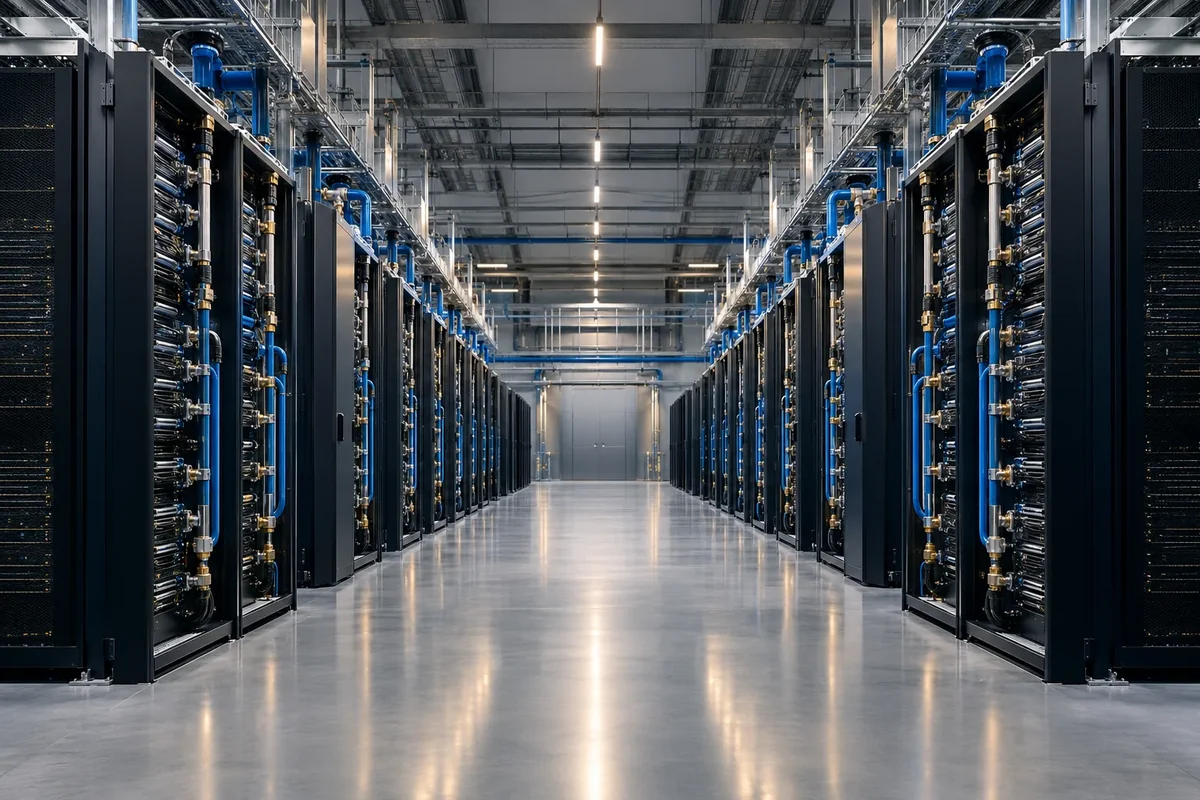 Rows of computing racks in a data hall.