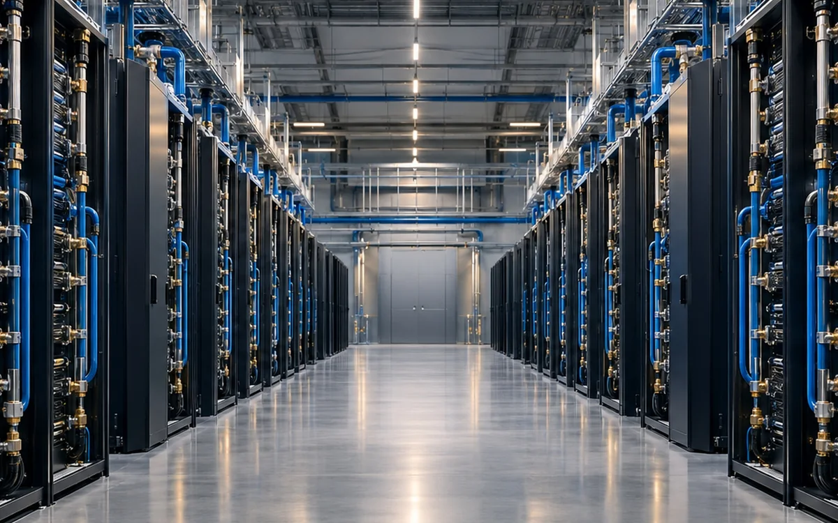 A data hall aisle lined with high density racks