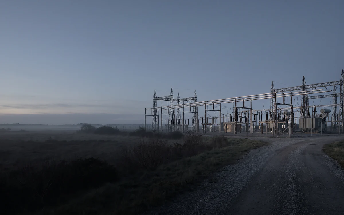 A high voltage substation at dawn