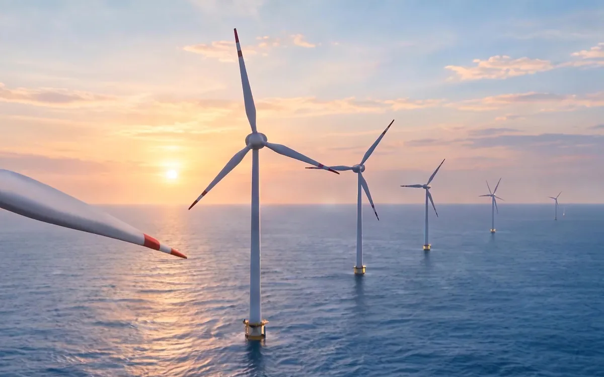 Offshore wind turbines at sunset